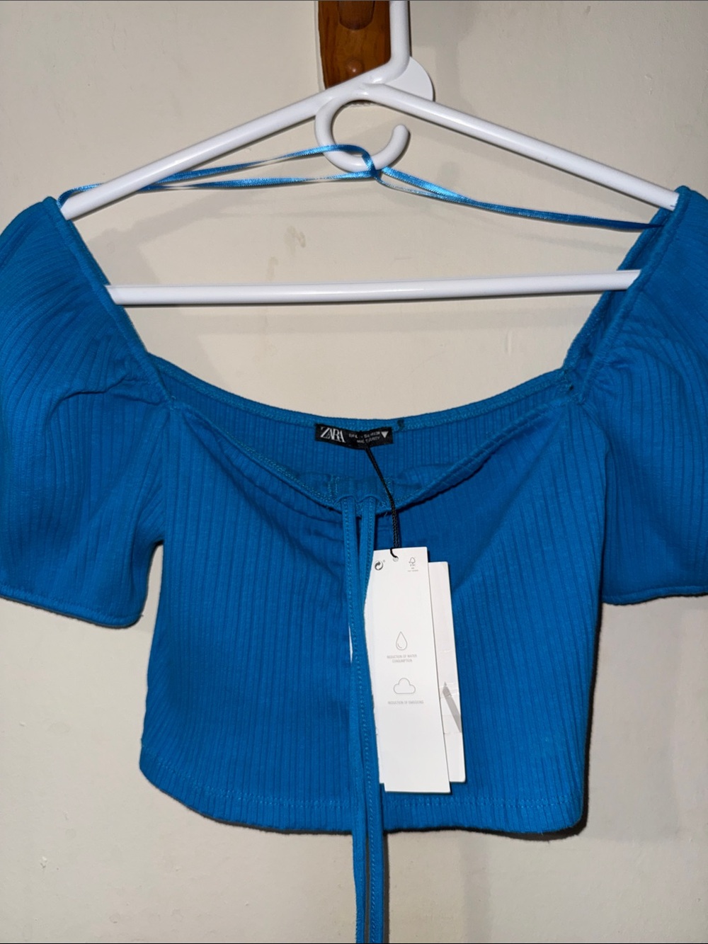Zara Bright Blue Ribbed Off-Shoulder Crop Top